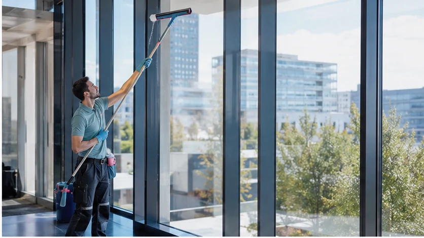 Professionelle Glas- und Gebäudereinigung in einem Gewerbeobjekt